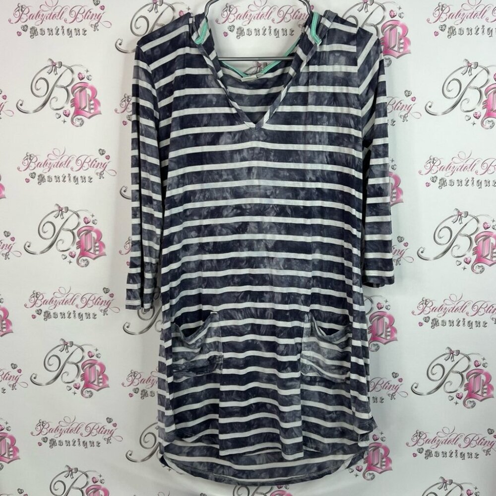 Saint Tropez West dress pockets hooded Navy and White Striped Long Sleeve Top